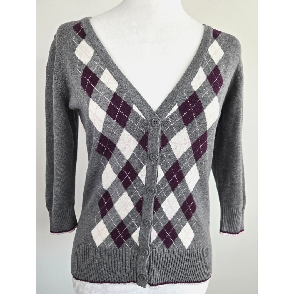 Reitmans Y2K Argyle 3/4 Cardigan Burgundy Grey White Preppy College Old Money